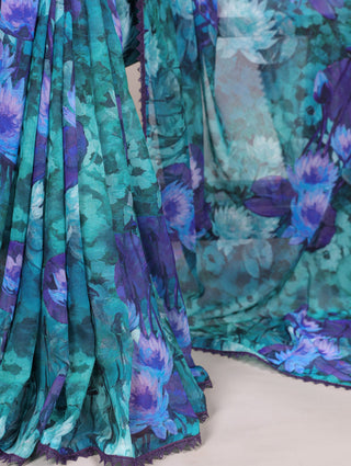 Firozi Floral Printed Weightless Marble Saree with Lace Border & Matching Blouse ClothsVilla