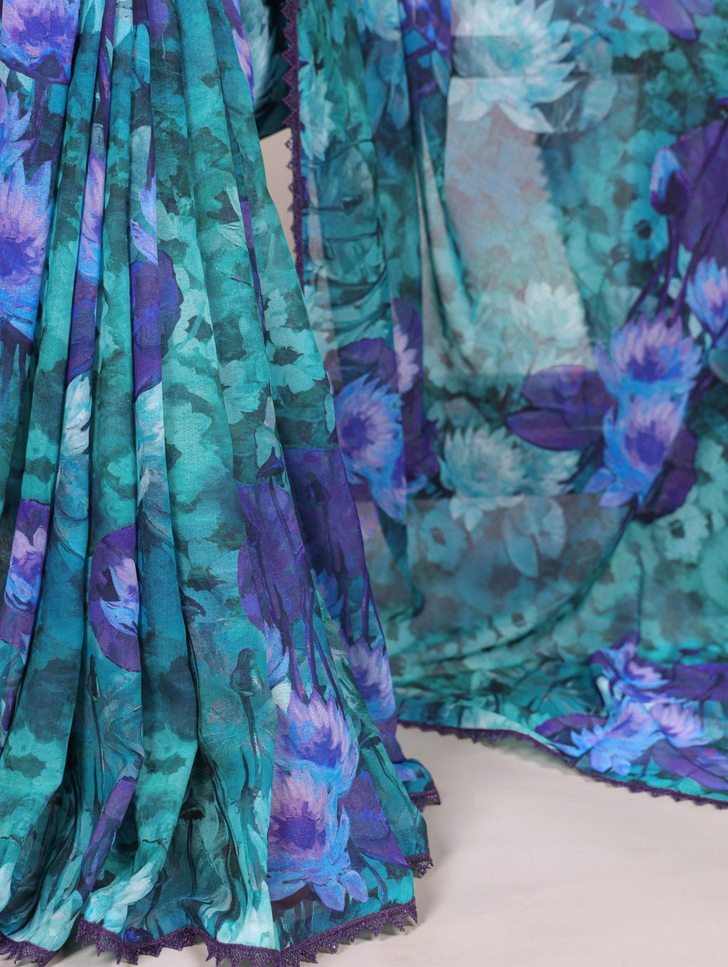 Firozi Floral Printed Weightless Marble Saree with Lace Border & Matching Blouse ClothsVilla
