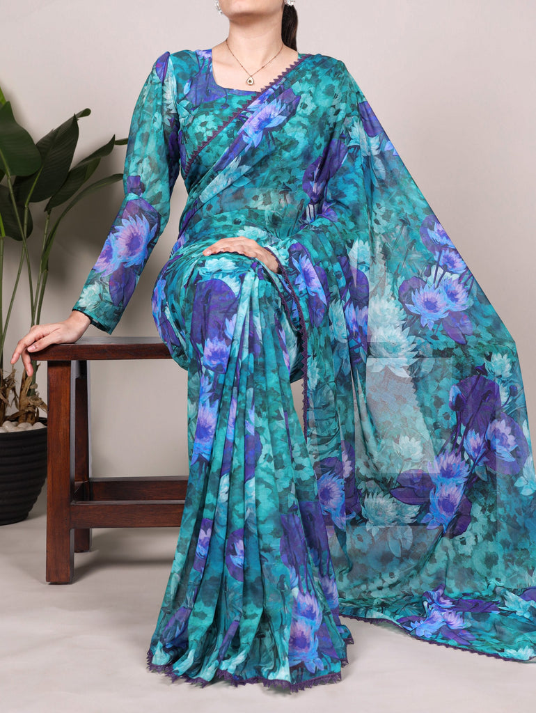 Firozi Floral Printed Weightless Marble Saree with Lace Border & Matching Blouse ClothsVilla