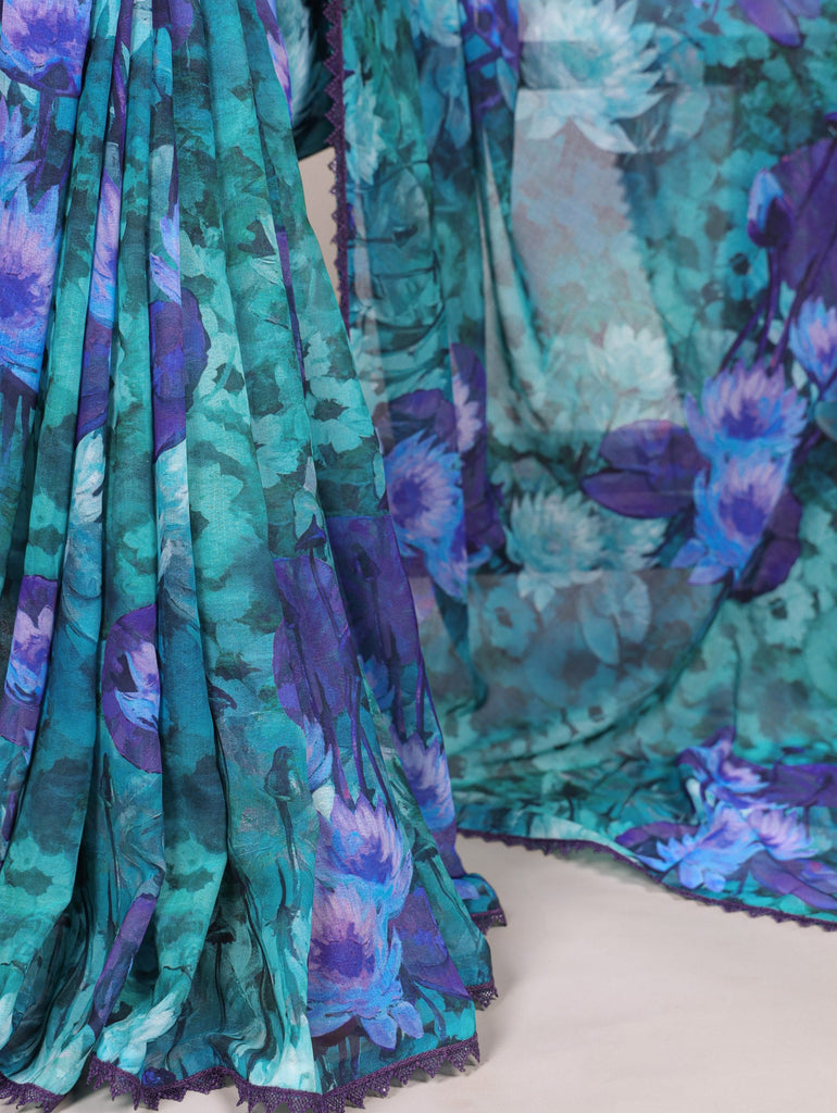 Firozi Floral Printed Weightless Marble Saree with Lace Border & Matching Blouse ClothsVilla