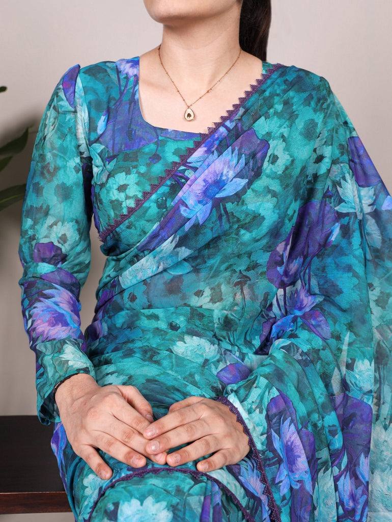 Firozi Floral Printed Weightless Marble Saree with Lace Border & Matching Blouse ClothsVilla