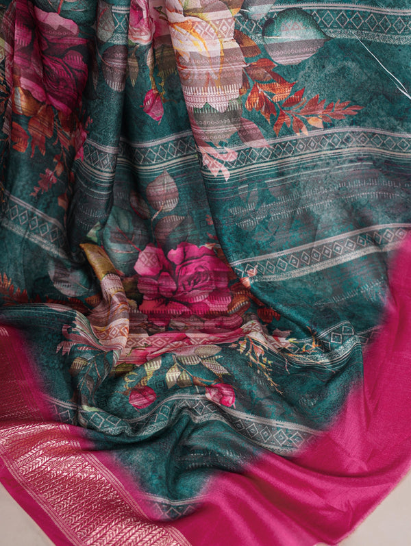 Firozi Graceful Tussar Silk Printed Saree with Viscose Border ClothsVilla