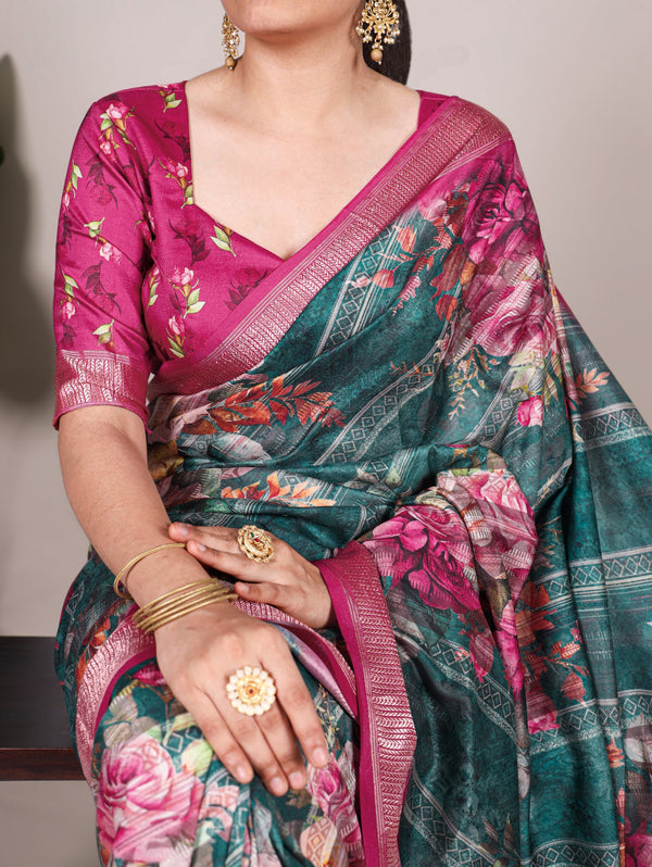 Firozi Graceful Tussar Silk Printed Saree with Viscose Border ClothsVilla