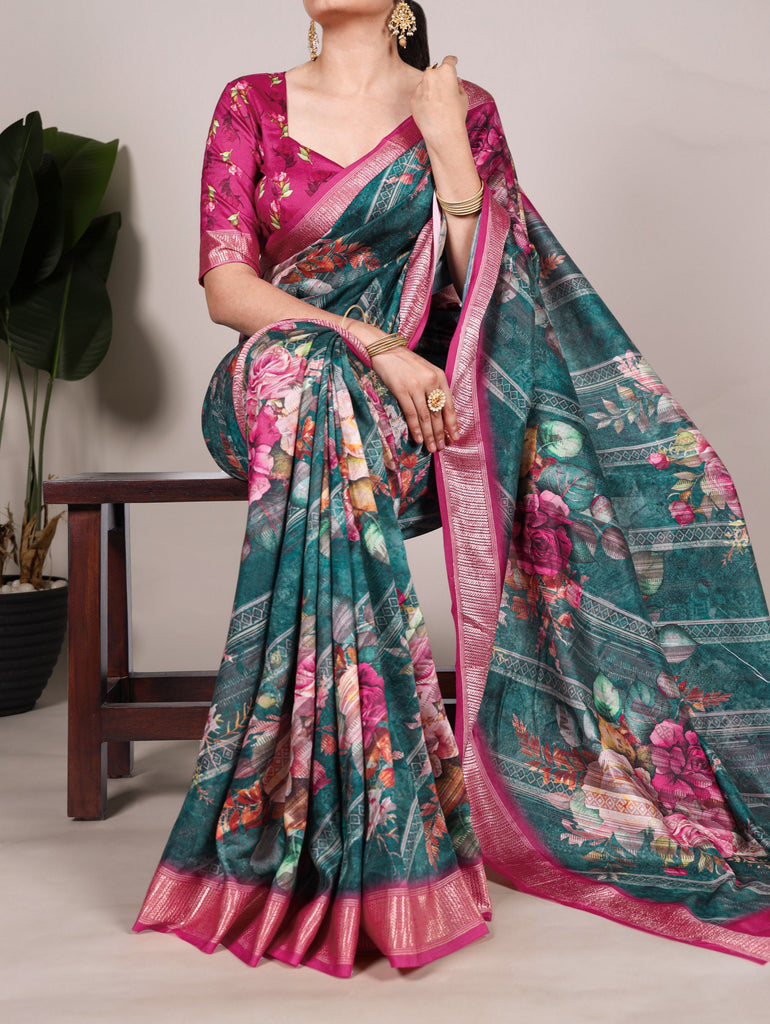 Firozi Graceful Tussar Silk Printed Saree with Viscose Border ClothsVilla