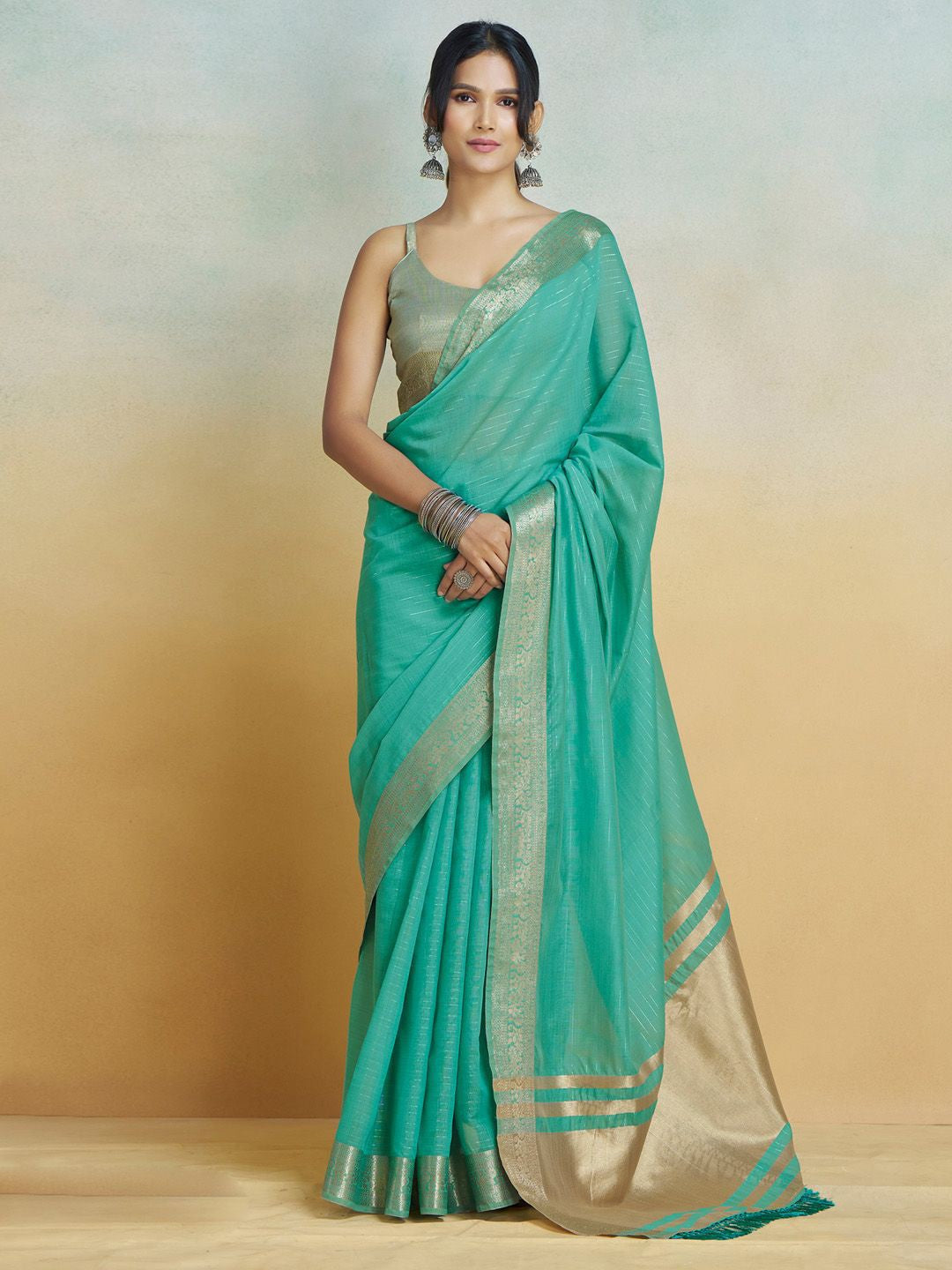 Firozi Graceful Woven Handloom Pure Cotton Saree with Chanderi Cotton Clothsvilla