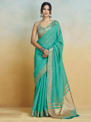 Firozi Graceful Woven Handloom Pure Cotton Saree with Chanderi Cotton Clothsvilla