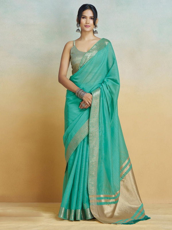 Firozi Graceful Woven Handloom Pure Cotton Saree with Chanderi Cotton Clothsvilla