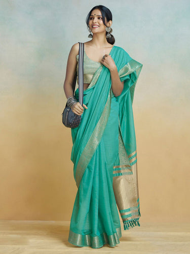Firozi Graceful Woven Handloom Pure Cotton Saree with Chanderi Cotton Clothsvilla