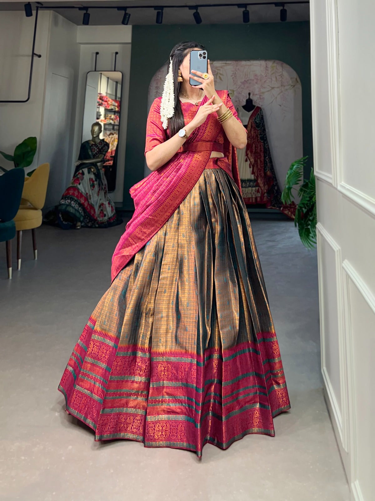 Firozi Jacquard Silk Lehenga Choli with Zari Weaving Work ClothsVilla