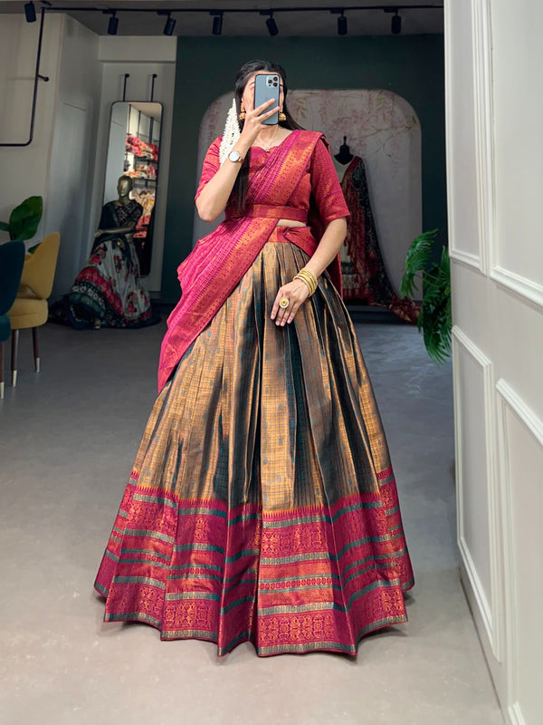 Firozi Jacquard Silk Lehenga Choli with Zari Weaving Work ClothsVilla