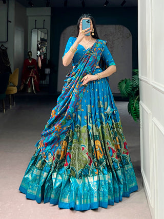 Firozi Kalamkari Print Lehenga Choli ClothsVilla