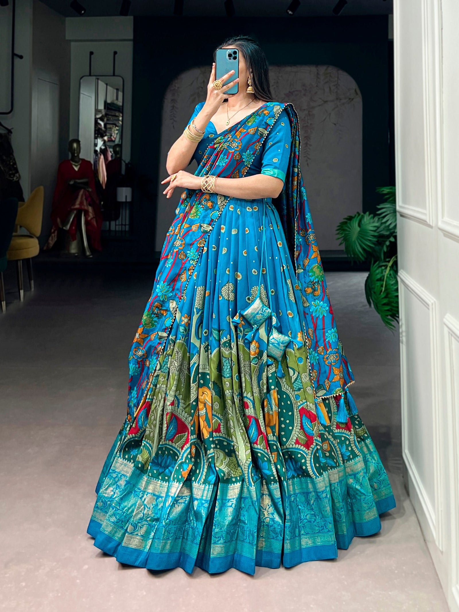Firozi Kalamkari Print Lehenga Choli ClothsVilla