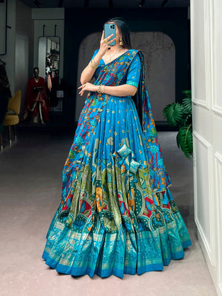 Firozi Kalamkari Print Lehenga Choli ClothsVilla