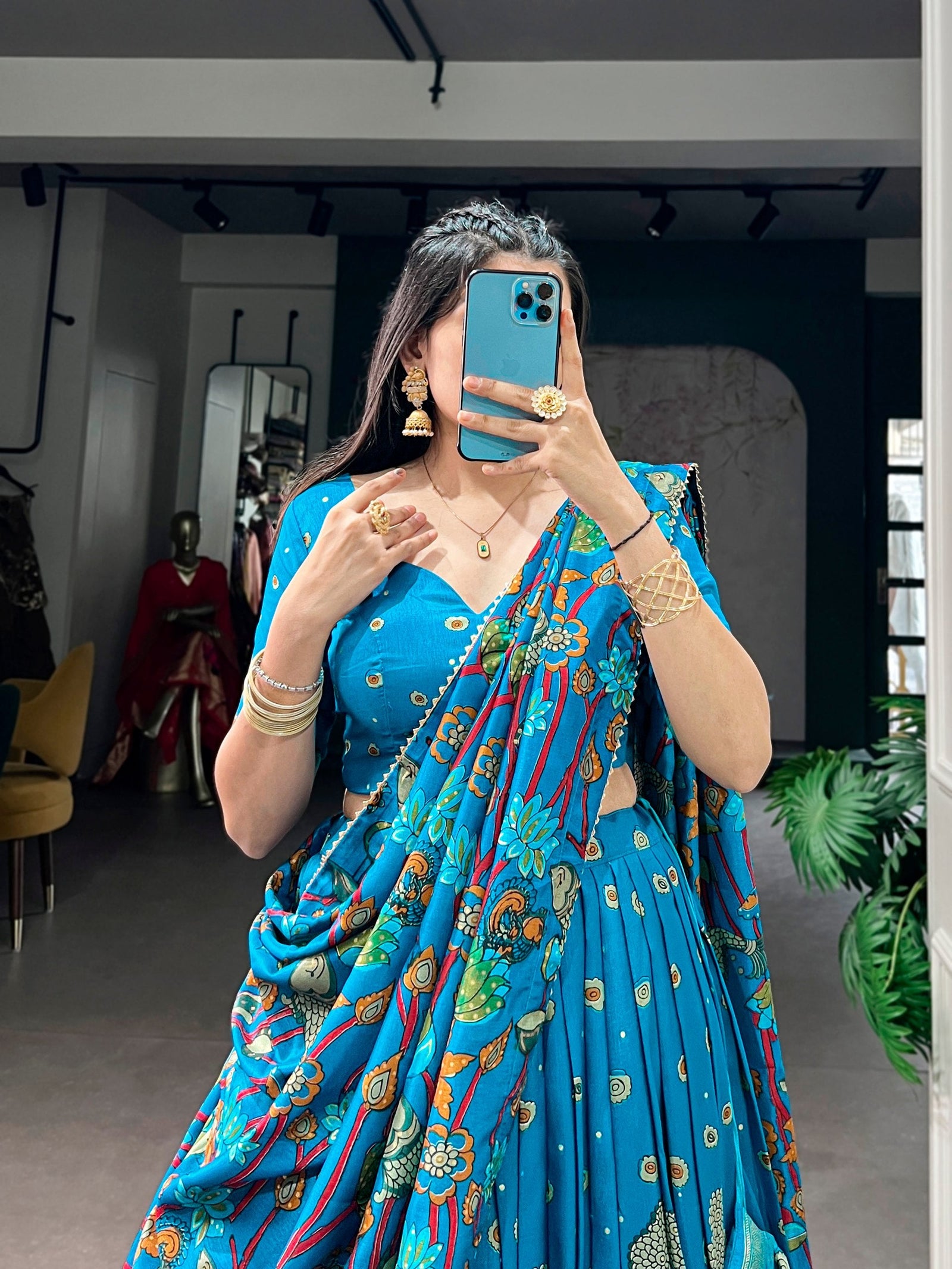 Firozi Kalamkari Print Lehenga Choli ClothsVilla