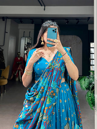 Firozi Kalamkari Print Lehenga Choli ClothsVilla