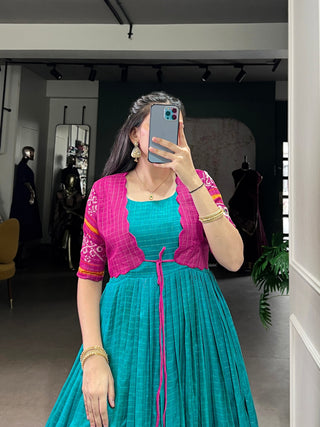 Firozi Patola Print Tasar Chex Gown with Matching Koti – Stitched Ethnic Wear Set with Weaving Border & Micro Cotton Lining ClothsVilla