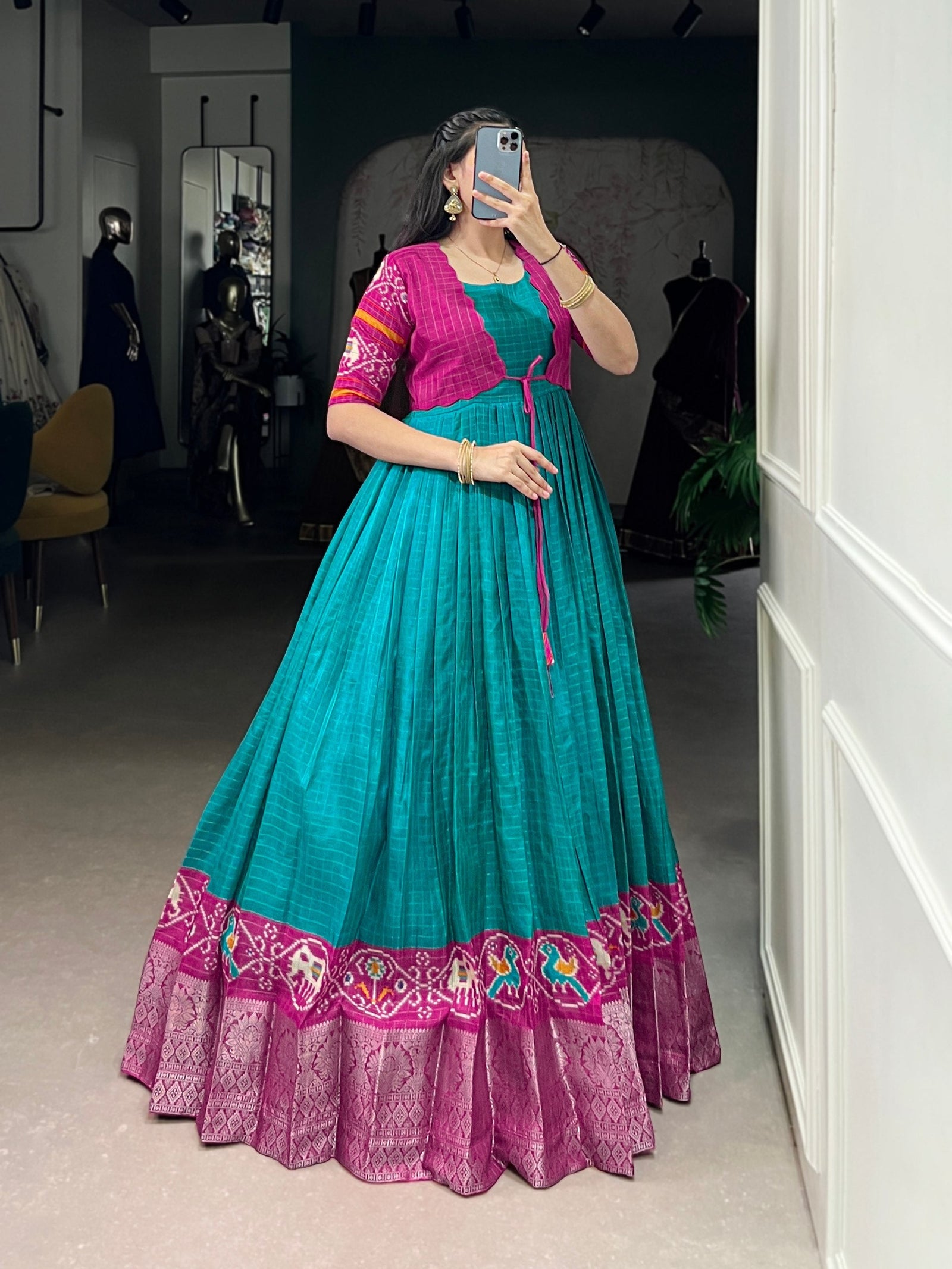 Firozi Patola Print Tasar Chex Gown with Matching Koti – Stitched Ethnic Wear Set with Weaving Border & Micro Cotton Lining ClothsVilla