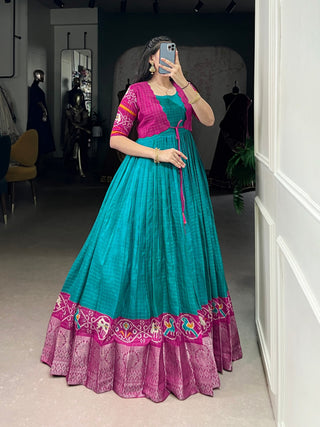Firozi Patola Print Tasar Chex Gown with Matching Koti – Stitched Ethnic Wear Set with Weaving Border & Micro Cotton Lining ClothsVilla