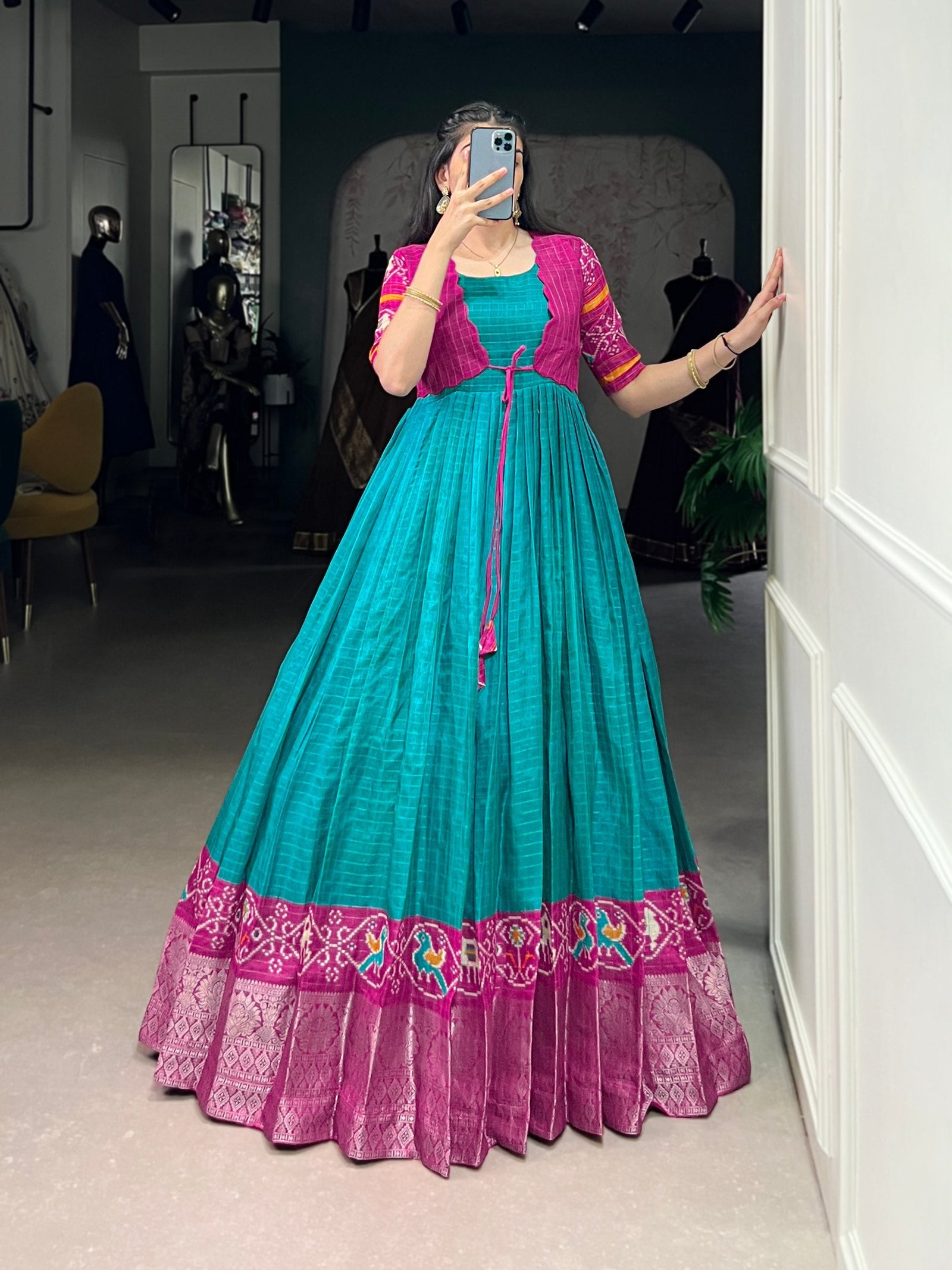Firozi Patola Print Tasar Chex Gown with Matching Koti – Stitched Ethnic Wear Set with Weaving Border & Micro Cotton Lining ClothsVilla