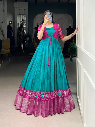Firozi Patola Print Tasar Chex Gown with Matching Koti – Stitched Ethnic Wear Set with Weaving Border & Micro Cotton Lining ClothsVilla