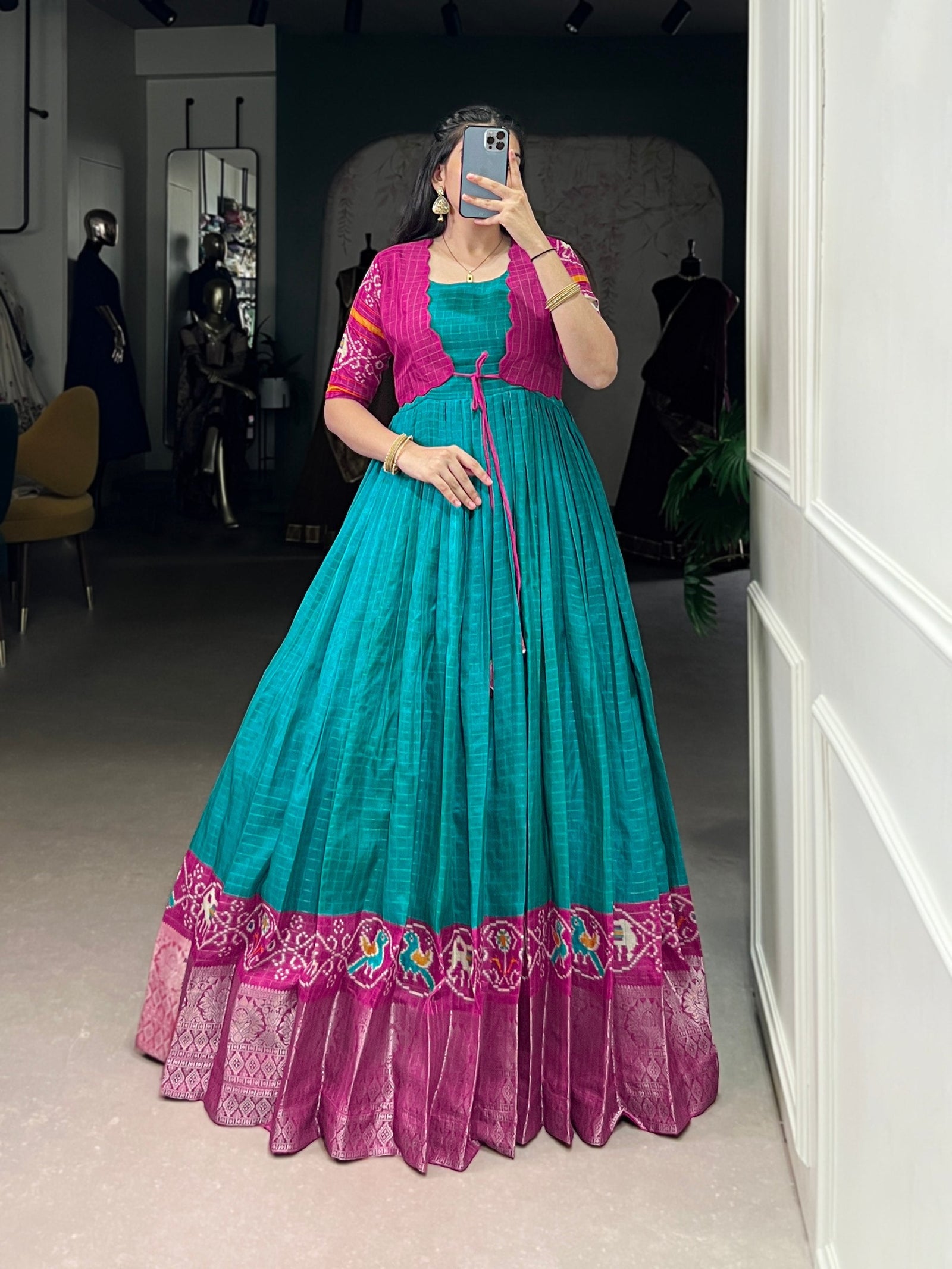 Firozi Patola Print Tasar Chex Gown with Matching Koti – Stitched Ethnic Wear Set with Weaving Border & Micro Cotton Lining ClothsVilla