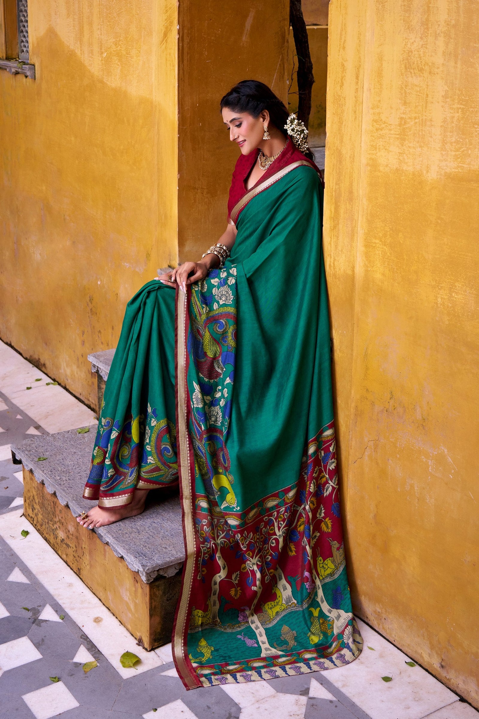Firozi Polyester Viscose Chanderi Saree with Kalamkari Print & Zari Weaving ClothsVilla