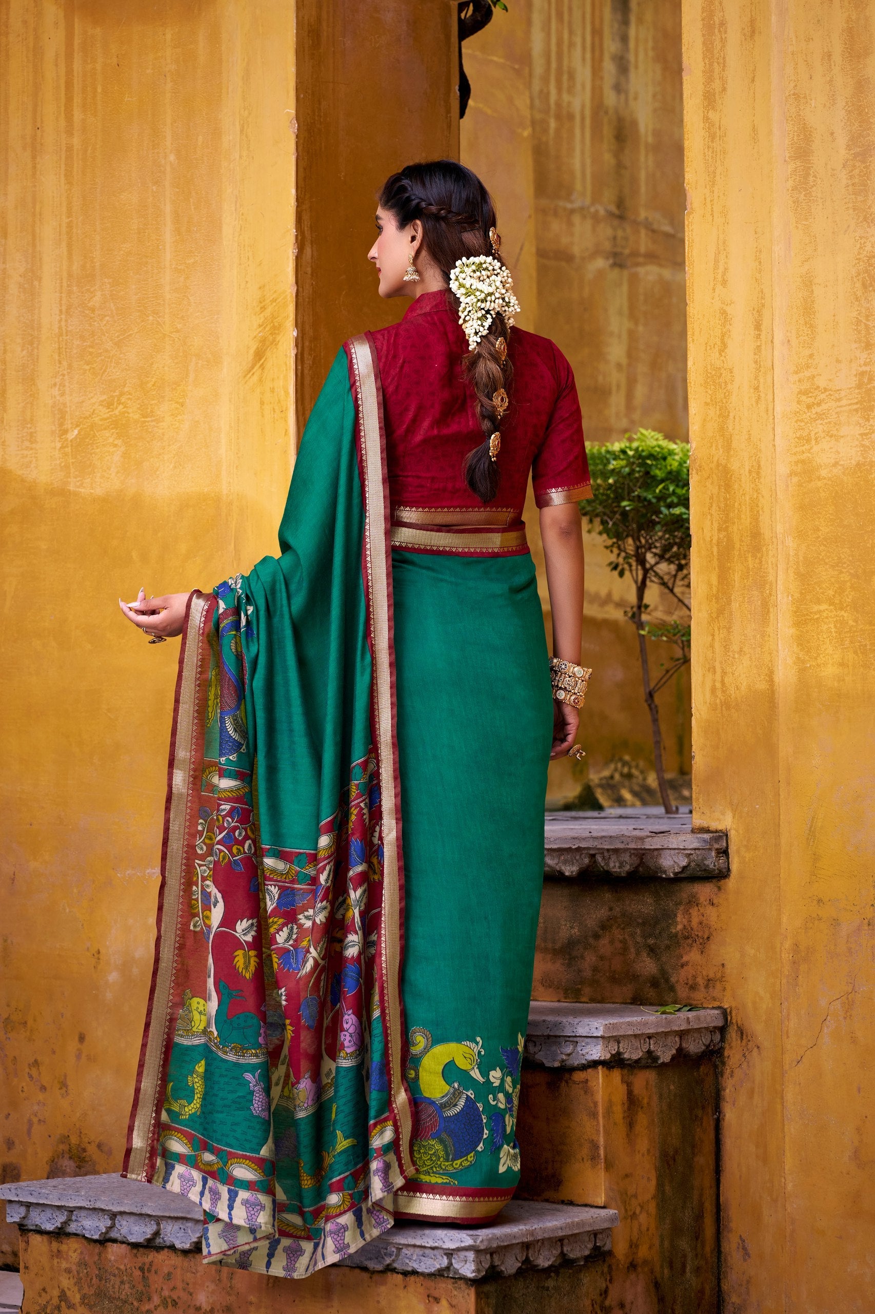 Firozi Polyester Viscose Chanderi Saree with Kalamkari Print & Zari Weaving ClothsVilla
