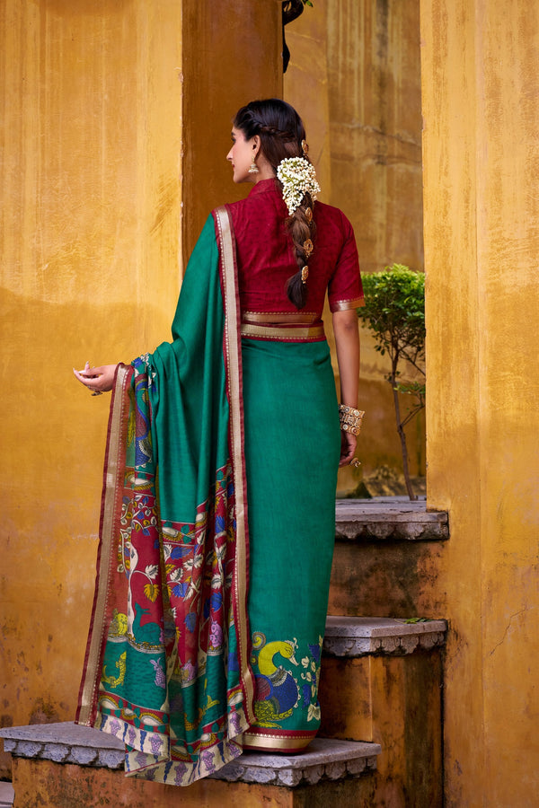 Firozi Polyester Viscose Chanderi Saree with Kalamkari Print & Zari Weaving ClothsVilla