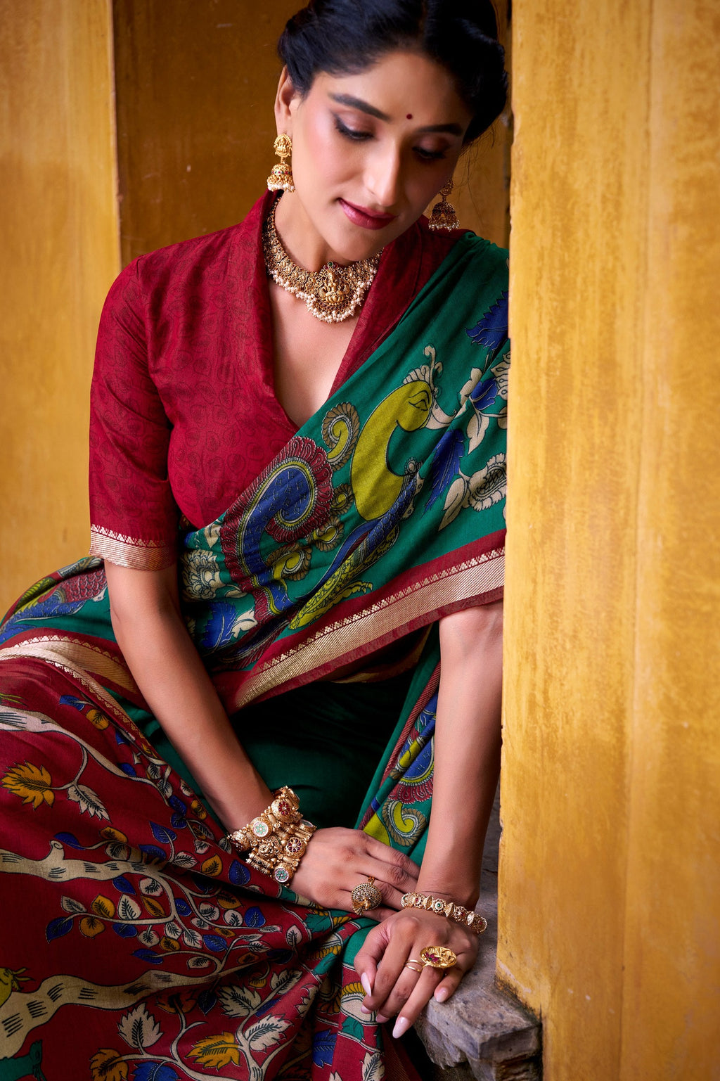 Firozi Polyester Viscose Chanderi Saree with Kalamkari Print & Zari Weaving ClothsVilla
