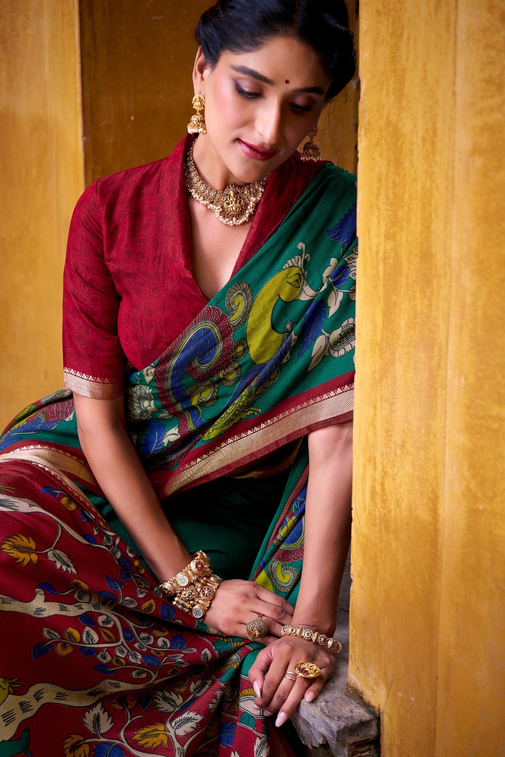 Firozi Polyester Viscose Chanderi Saree with Kalamkari Print & Zari Weaving ClothsVilla