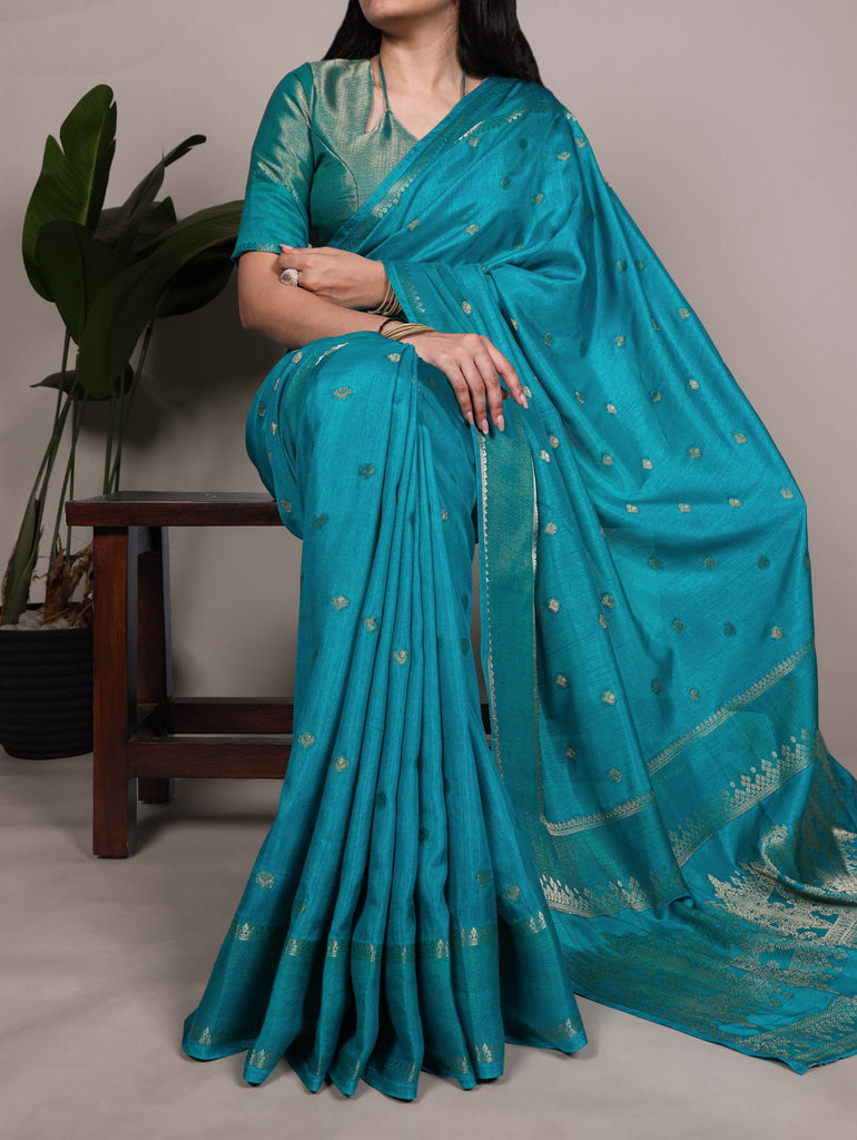 Firozi Premium Roop Silk Saree with Zari Weaving Work & Unstitched Blouse – 5.5 Meter Traditional Silk Saree ClothsVilla