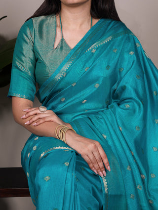 Firozi Premium Roop Silk Saree with Zari Weaving Work & Unstitched Blouse – 5.5 Meter Traditional Silk Saree ClothsVilla