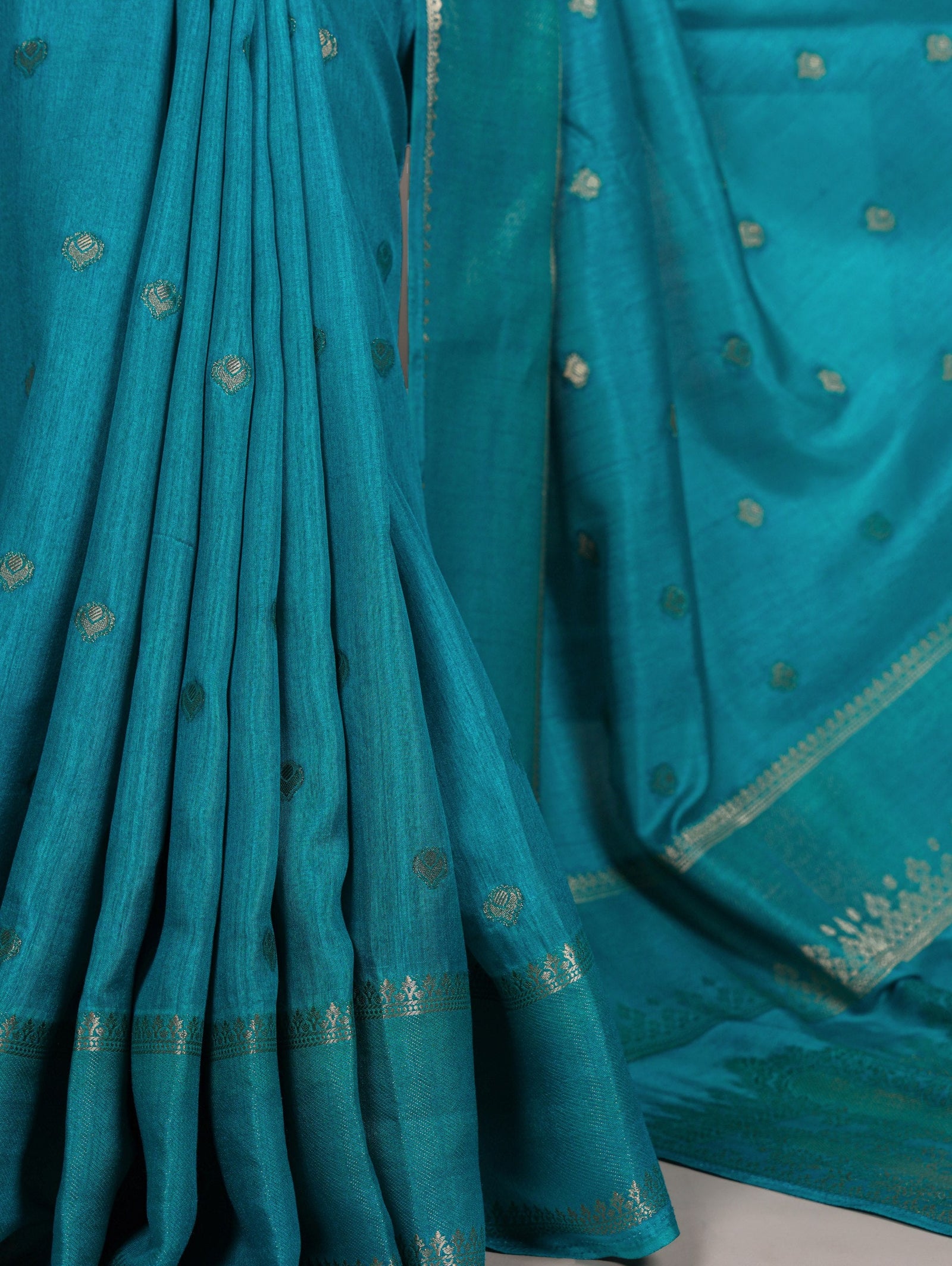 Firozi Premium Roop Silk Saree with Zari Weaving Work & Unstitched Blouse – 5.5 Meter Traditional Silk Saree ClothsVilla