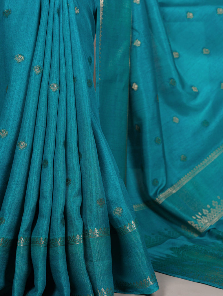 Firozi Premium Roop Silk Saree with Zari Weaving Work & Unstitched Blouse – 5.5 Meter Traditional Silk Saree ClothsVilla