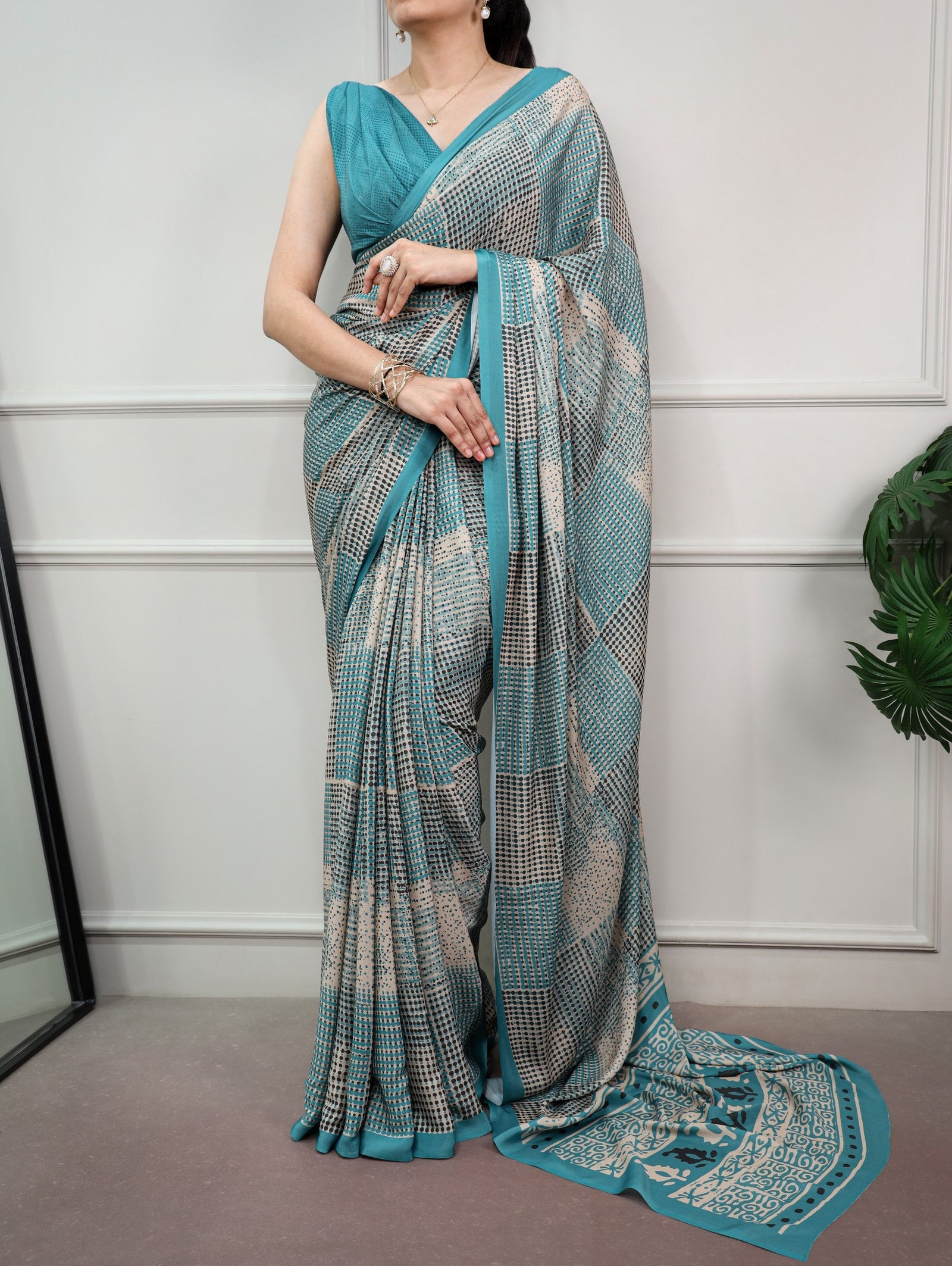 Firozi Printed Satin Silk Saree ClothsVilla