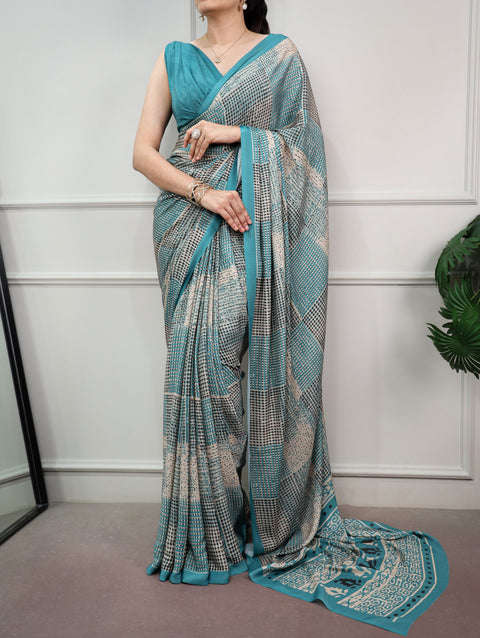 Firozi Printed Satin Silk Saree ClothsVilla Main image