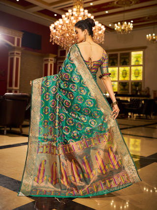Firozi Regal Kanjeevaram Organza Saree with Zari Woven Border Clothsvilla
