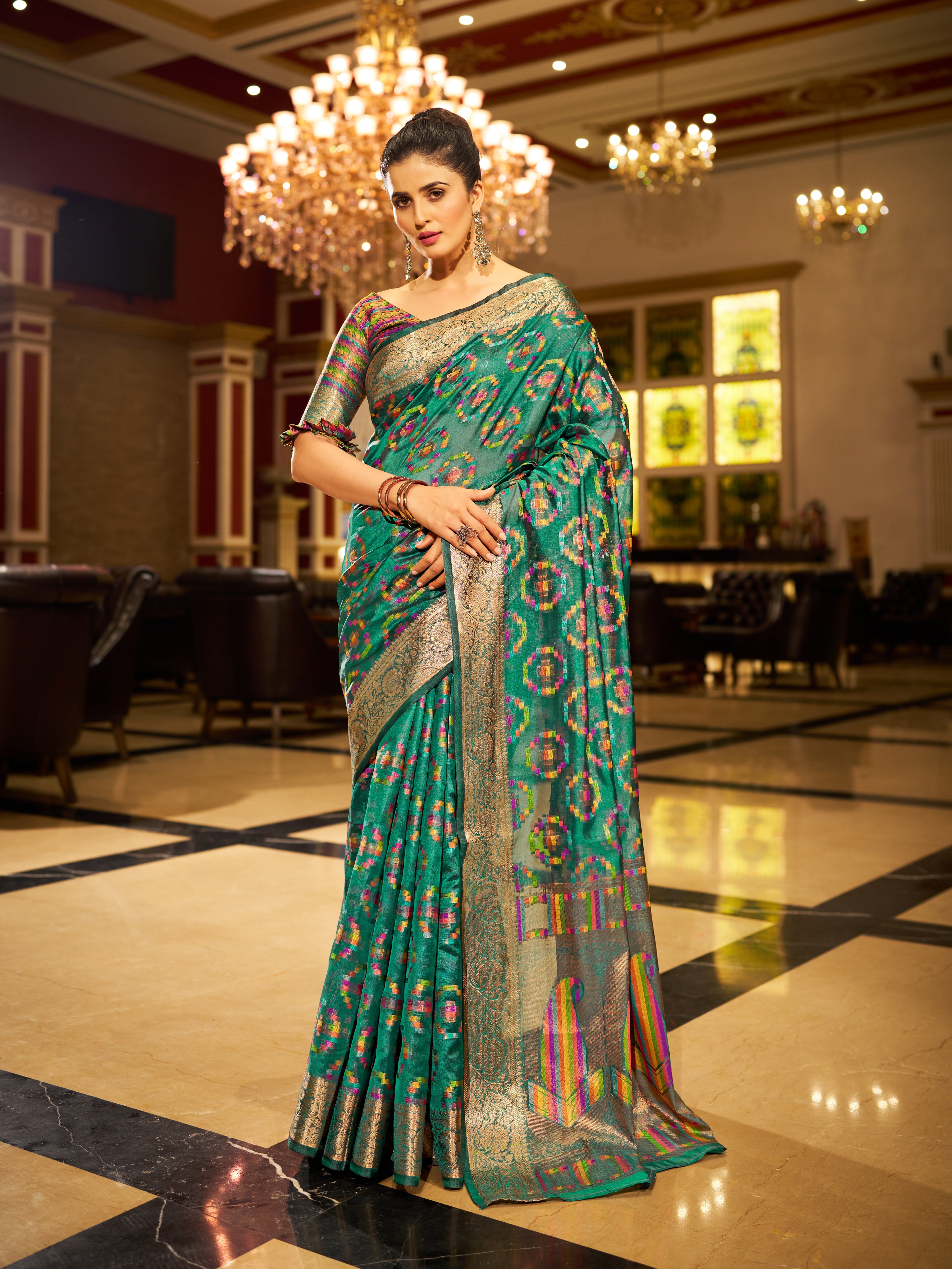 Firozi Regal Kanjeevaram Organza Saree with Zari Woven Border Clothsvilla Main image