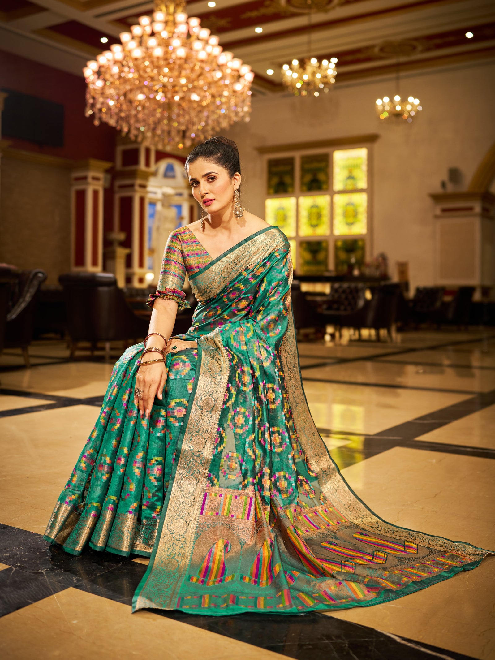 Firozi Regal Kanjeevaram Organza Saree with Zari Woven Border Clothsvilla