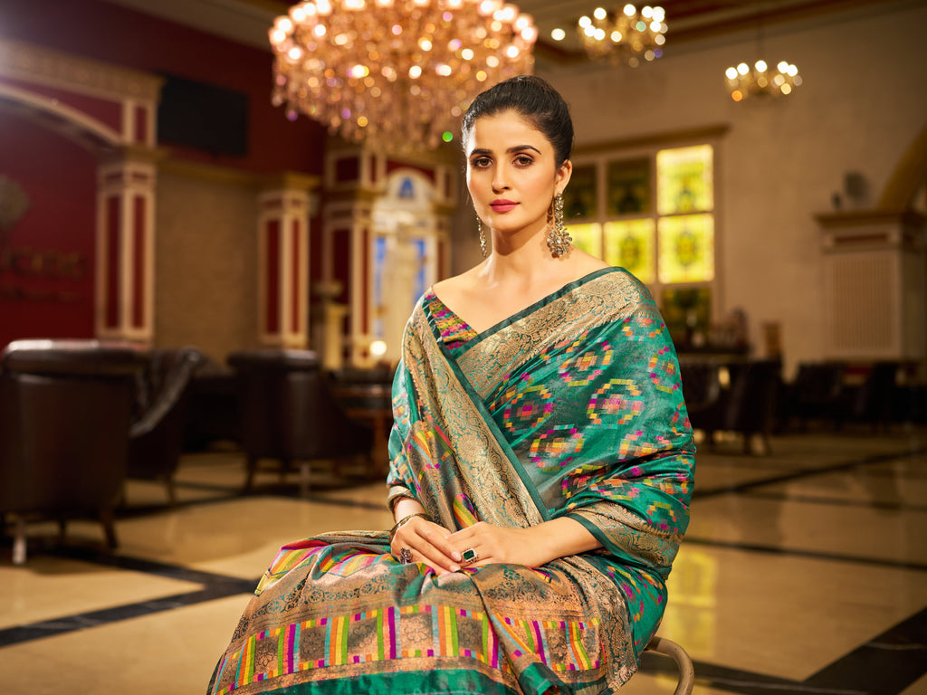 Firozi Regal Kanjeevaram Organza Saree with Zari Woven Border Clothsvilla