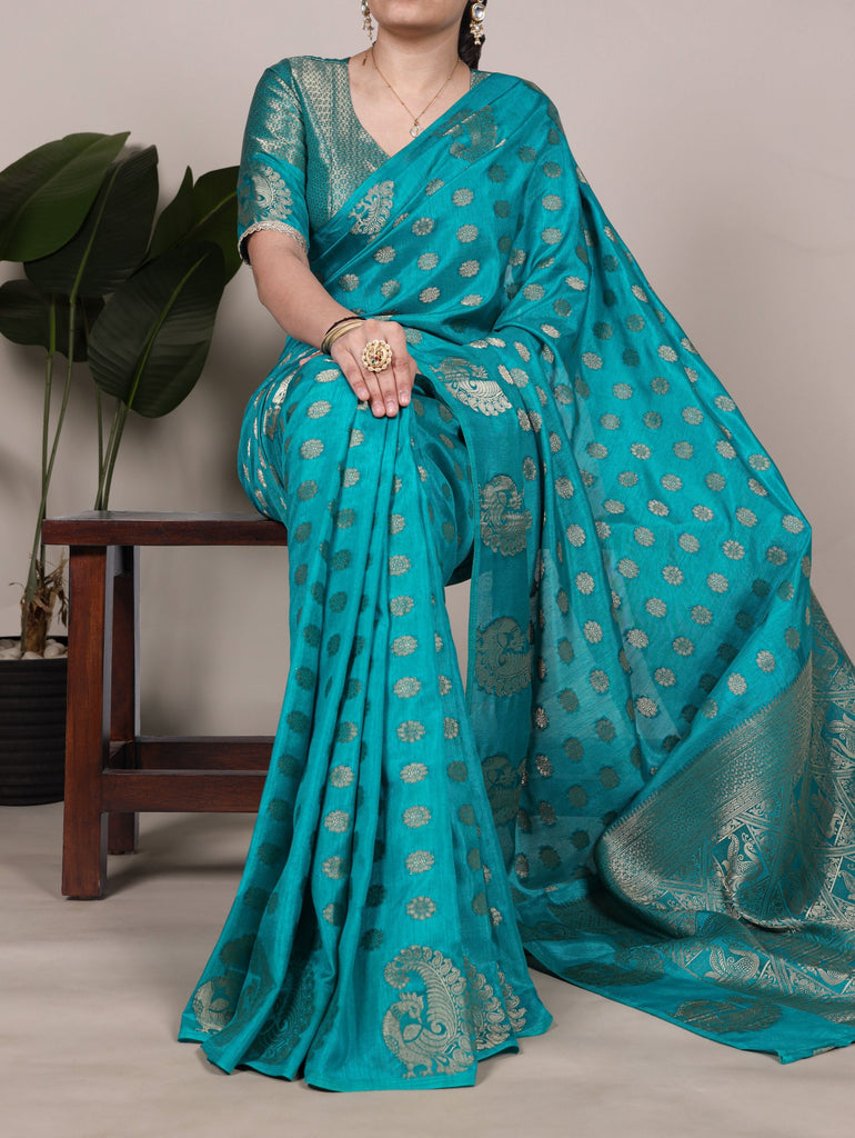 Firozi Roop Silk Saree with Zari Weaving & Elegant Lace-Touch Blouse ClothsVilla