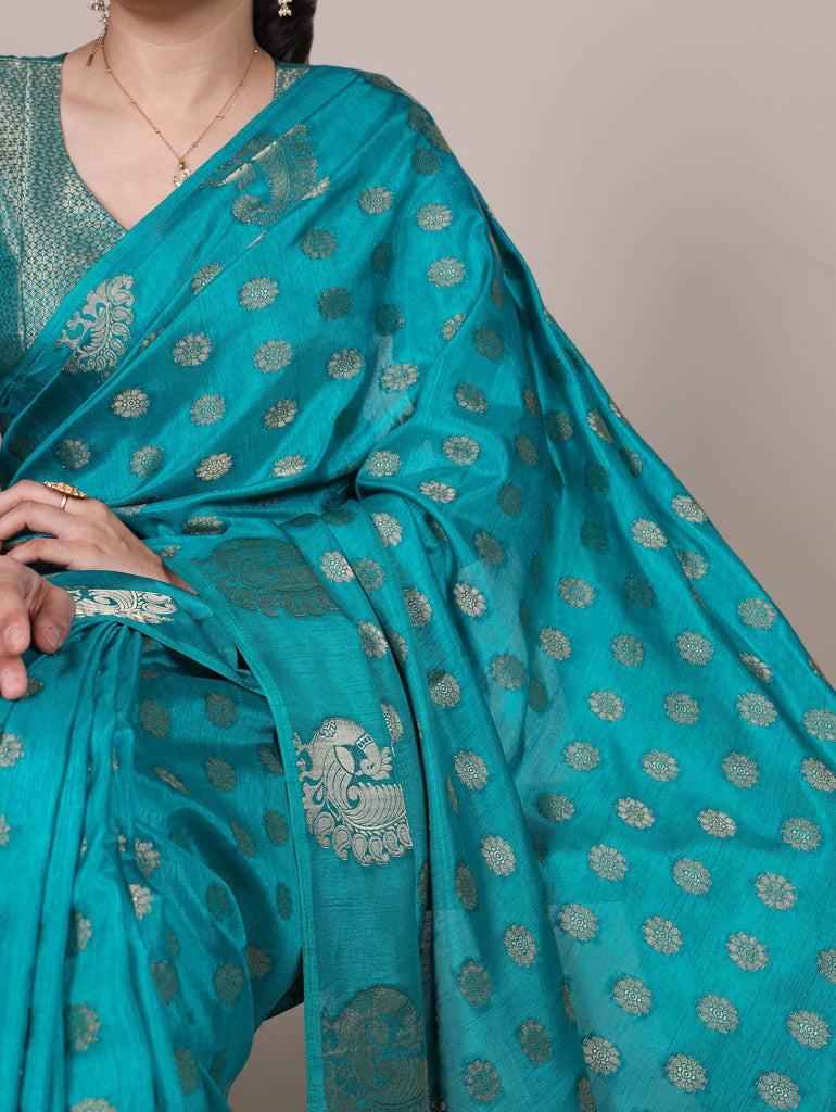 Firozi Roop Silk Saree with Zari Weaving & Elegant Lace-Touch Blouse ClothsVilla