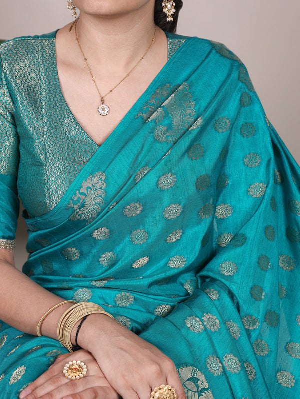 Firozi Roop Silk Saree with Zari Weaving & Elegant Lace-Touch Blouse ClothsVilla
