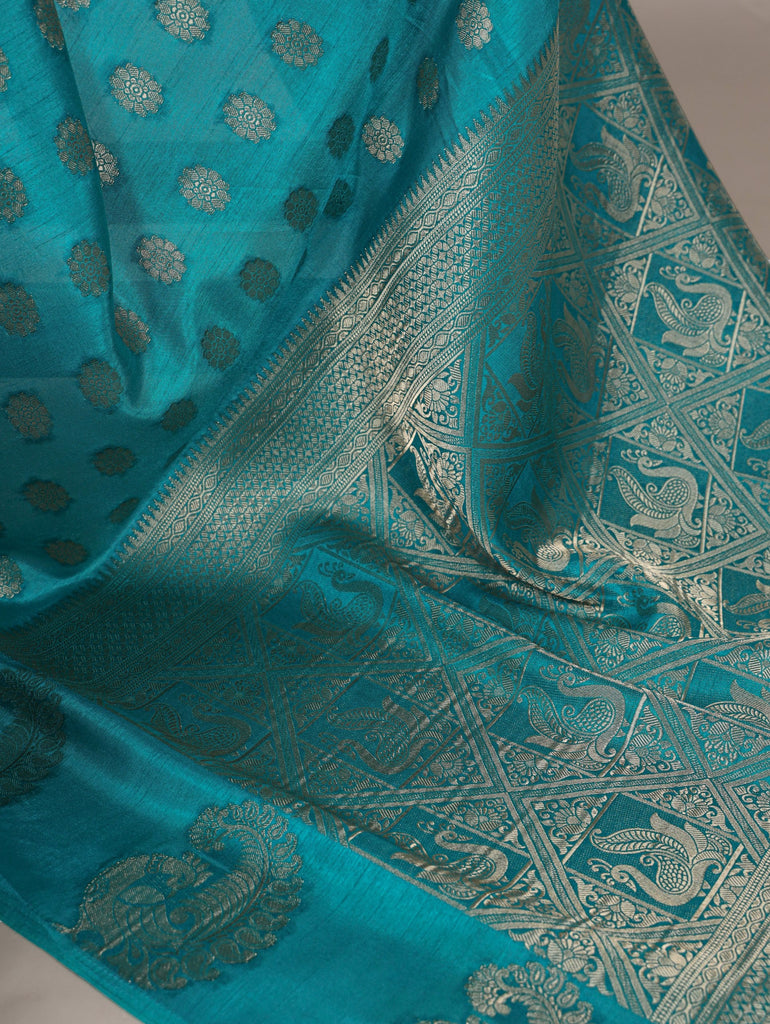 Firozi Roop Silk Saree with Zari Weaving & Elegant Lace-Touch Blouse ClothsVilla