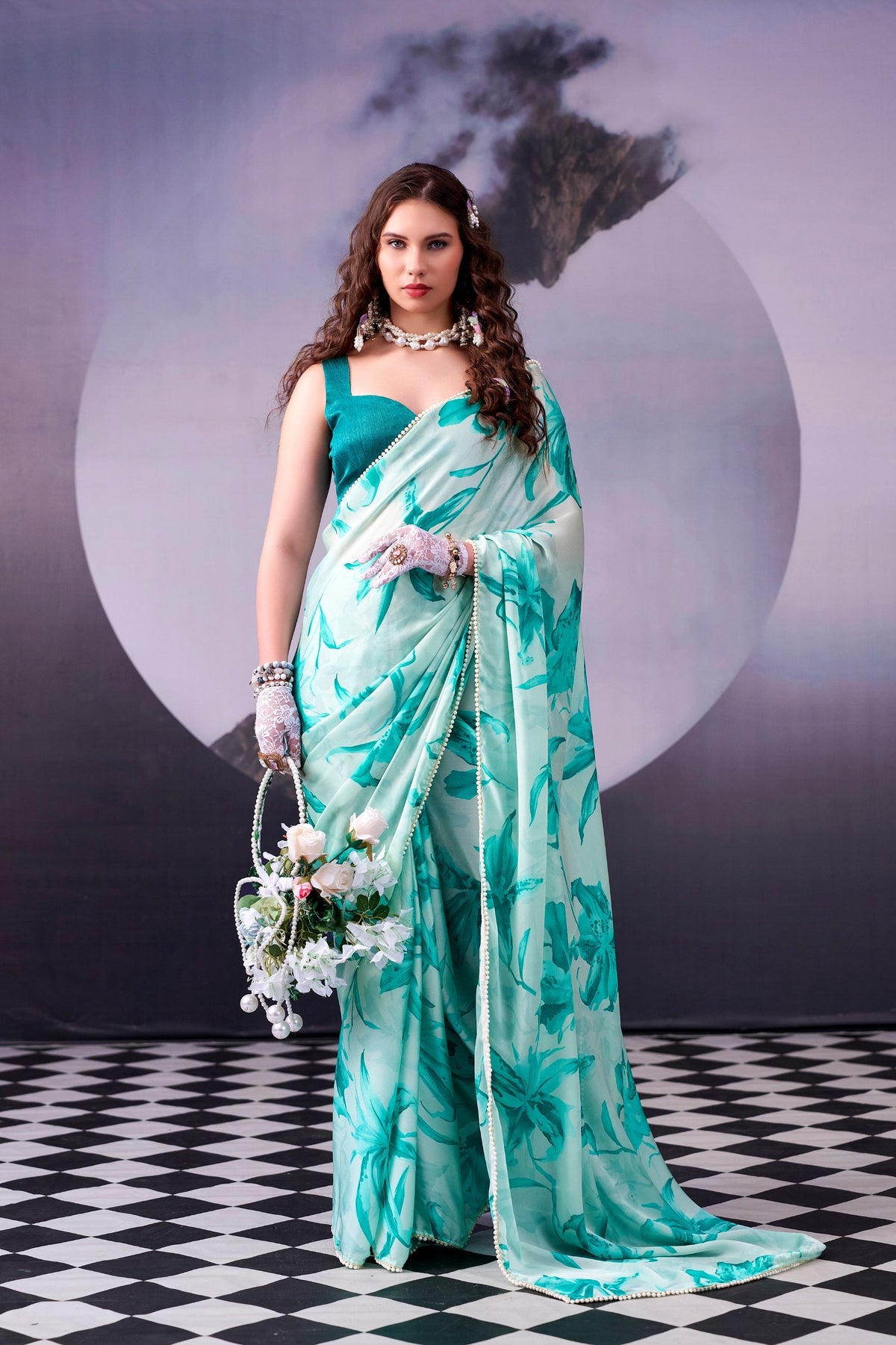 Firozi Satin Silk Saree Pearl Border ClothsVilla