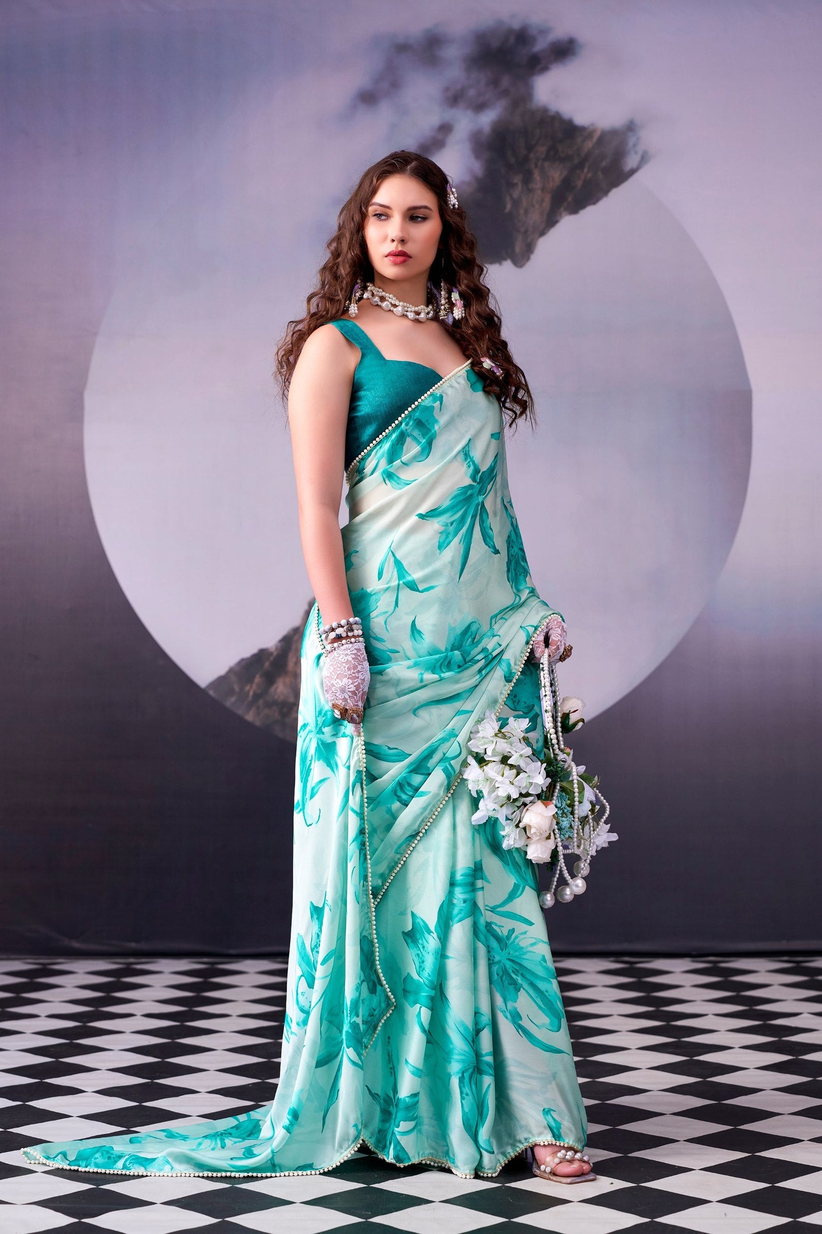 Firozi Satin Silk Saree Pearl Border ClothsVilla