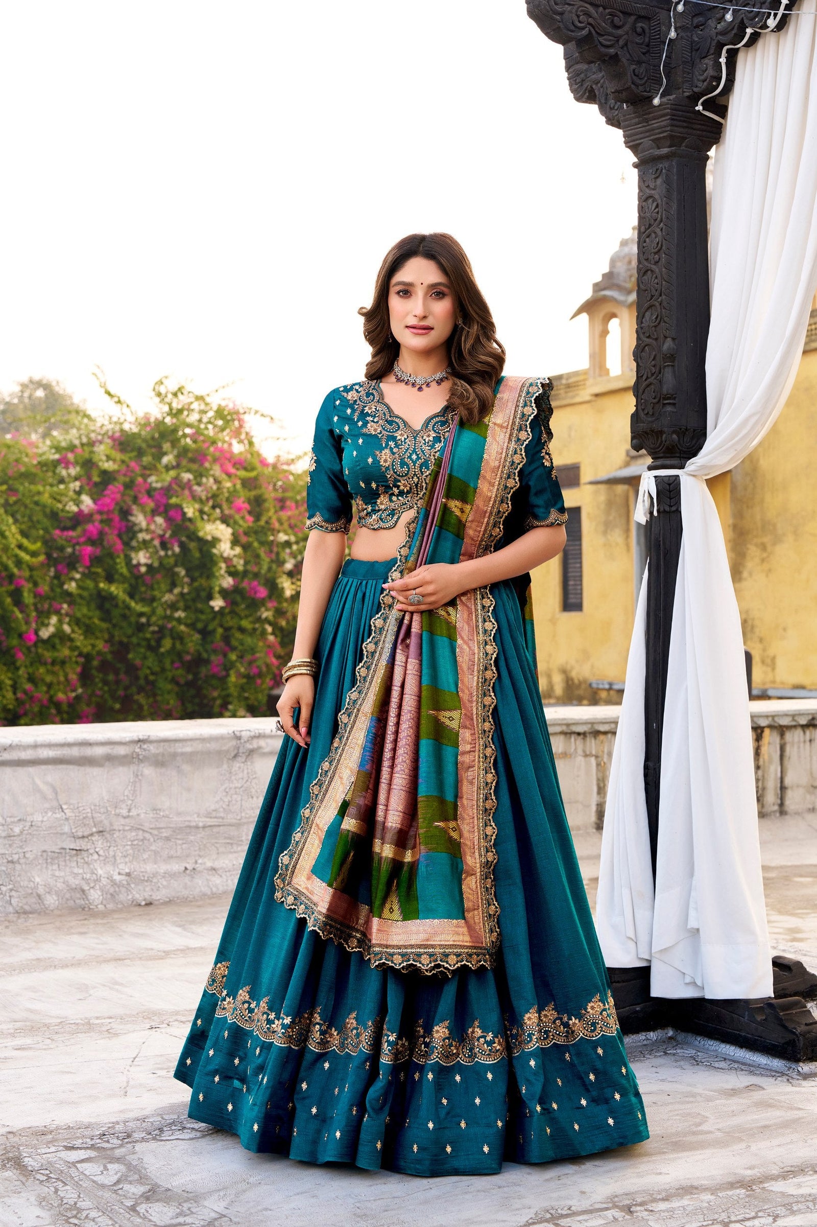 Firozi Silk Embroidered Lehenga Set ClothsVilla