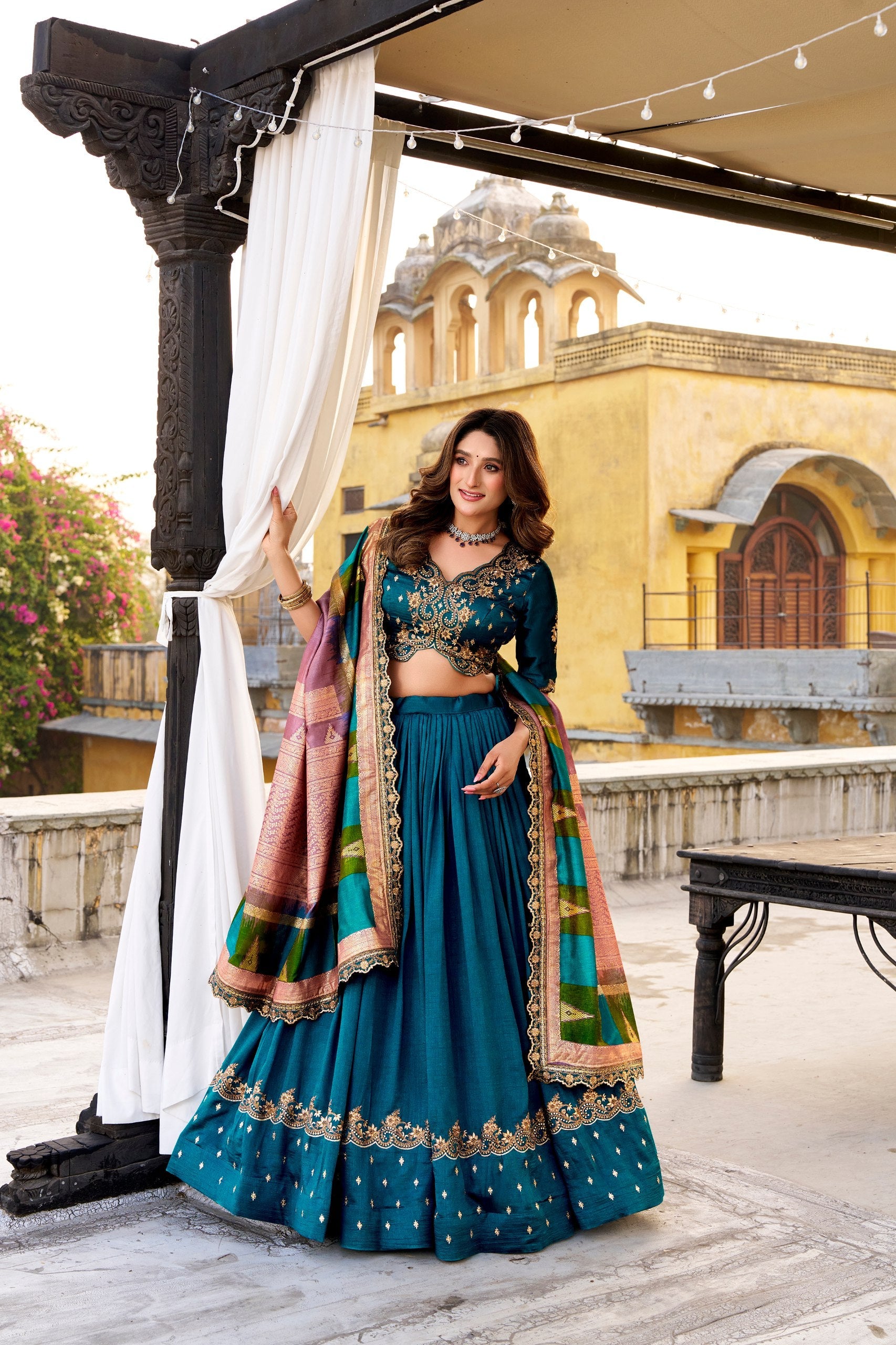 Firozi Silk Embroidered Lehenga Set Secondary image