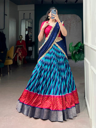 Firozi Silk Leheriya Print Lehenga Choli ClothsVilla