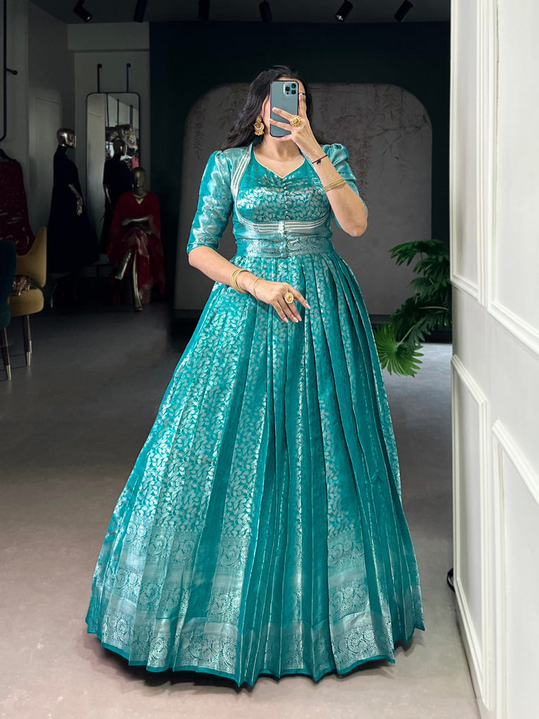 Firozi Stitched Kanjivaram Gown with Zari Weaving & Lace Touch-Up with Matching Koti – Elegant 2-Piece Ensemble ClothsVilla